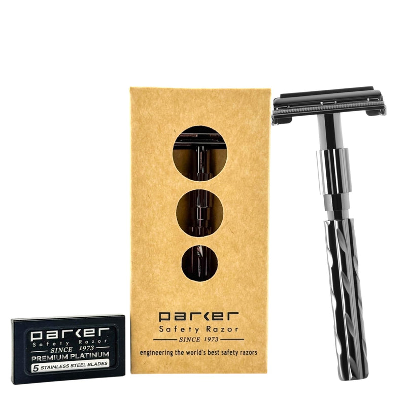 Parker 22R Long Handle Safety Razor – Gunmetal Twist-to-Open Butterfly Design, Heavyweight Brass Frame with Knurled Grip | Includes 5 Platinum Double Edge Blades | Iconic Brandd