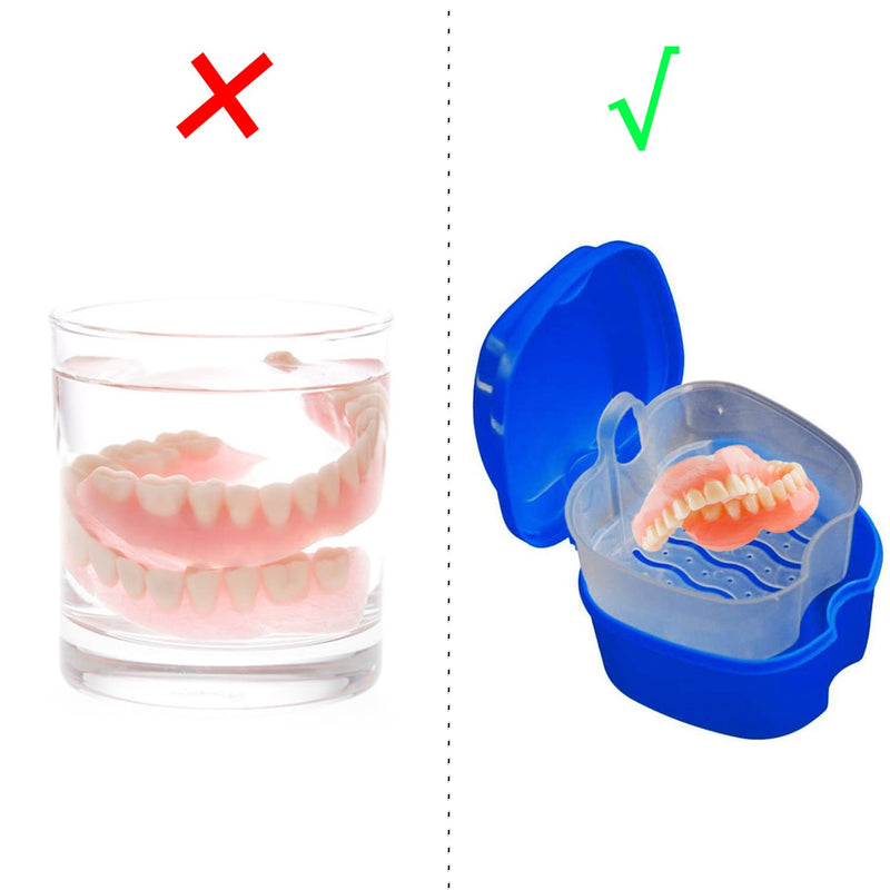 [Australia] - 2 Pack Denture Bath Cup Case Box Holder Storage Soak Container with Strainer Basket for RetainersTravel False Teeth Cleaning (Blue, Green) Blue, Green 