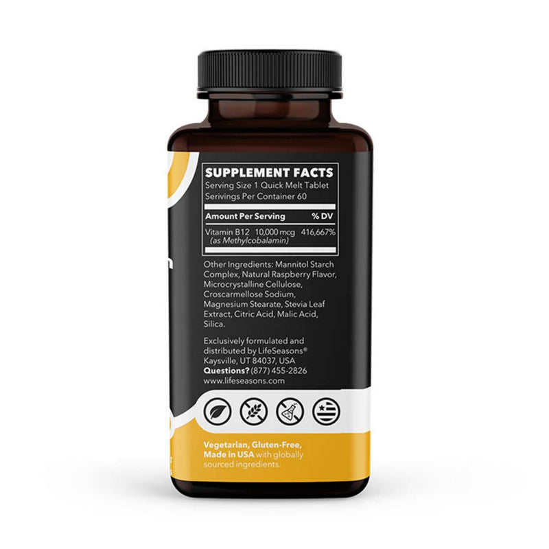 LifeSeasons Essentials Vitamin B12 10,000 mcg Quick Melts – Methylcobalamin B12 for Energy Production & Nervous System Support – Berry Flavor – Fast-Dissolving Tablets – 60 Quick Melts
