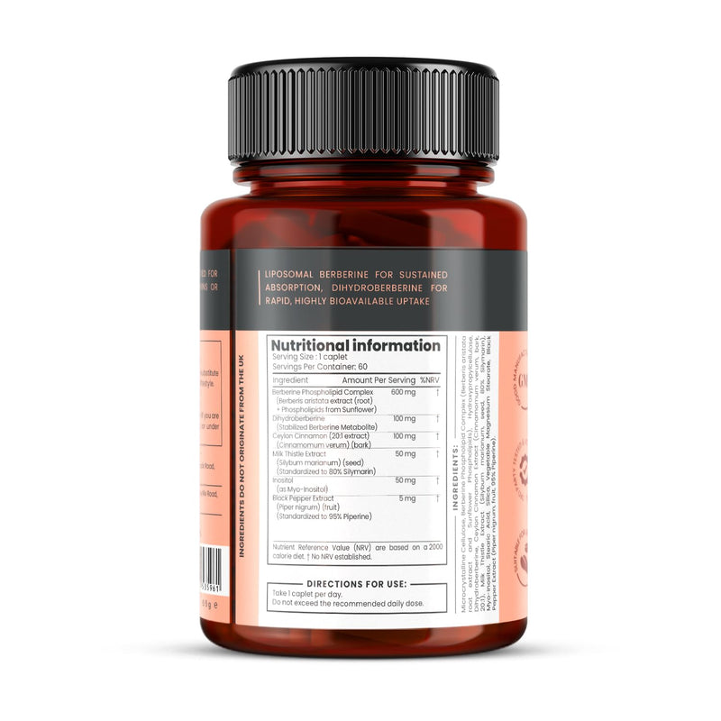 Double Strength Berberine Complex – 700mg Active Berberine x 60 Caplets – 2 Month Supply – with Dihydroberberine, Ceylon Cinnamon and Inositol