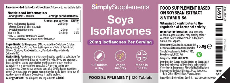 SOYA Isoflavones | Supports Hormonal Balance with Vitamin B6 | Potent Daily Formula | Vegan and Vegetarian Friendly | 120 Tablets = 2 Months’ Supply | Manufactured in The UK Unflavoured 1 count (Pack of 120)