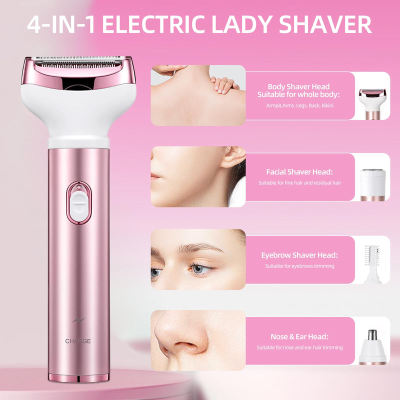 [Australia] - Wet & Dry Electric Razor for Women Body Razors 4-in-1 Facial Hair Remover Electric Shaver and Facial Hair Remover Painless Ladies Body Razors for Nose Face Body Leg Bikini Arm Hair 