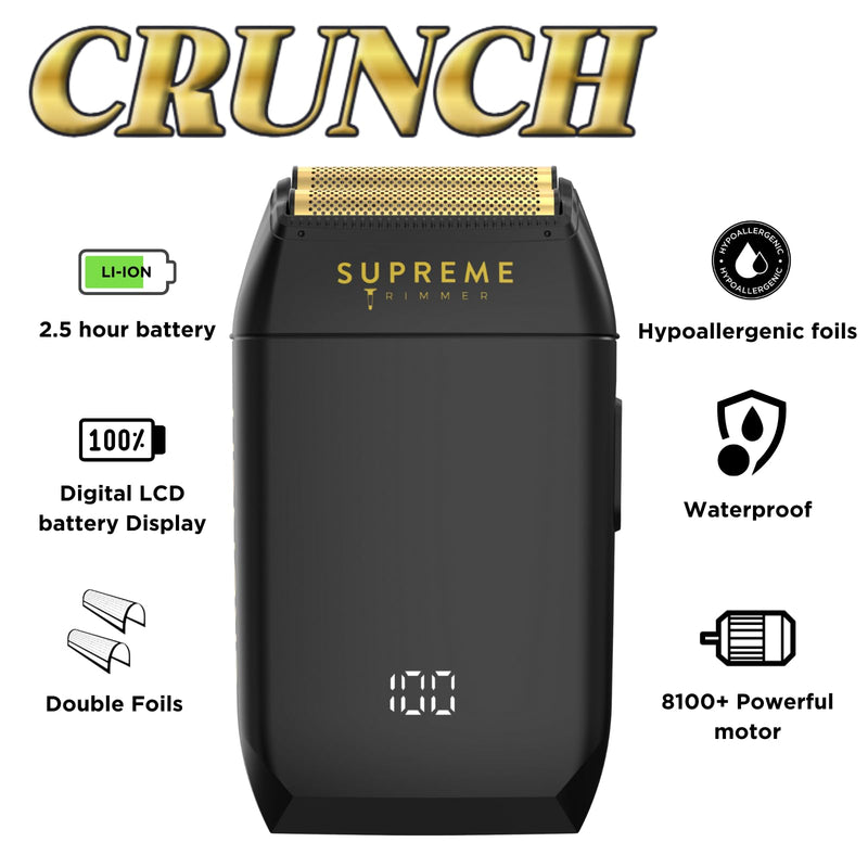 [Australia] - Supreme Trimmer Crunch STF602 – Waterproof Double Foil Shaver for Men | 150 Min Runtime, Wet/Dry Cordless & Corded Electric Razor | Hypoallergenic Foils for Face, Head & Stubble Black 