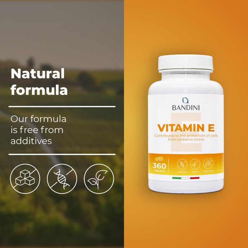 Bandini® Vitamin E - 360 Vegetarian Tablets - Natural Pure Vitamin E - High Strength d-Alpha Tocopherol for Antioxidant Protection - Supports Skin, Immune System & Vision - High Absorption Supplement