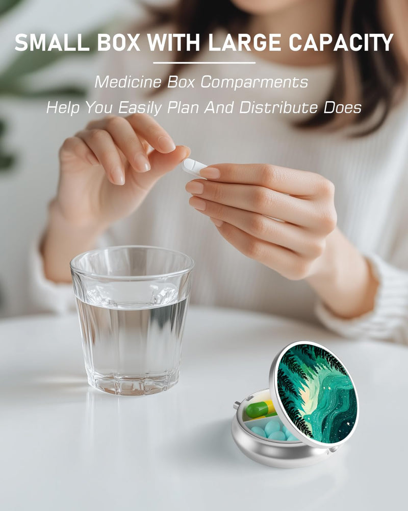 Pill Box, 3 Compartment Portable Travel Medicine Box with Mirror | Compact and Cute, Fits in Purse and Pocket, Medicine and Vitamin Organizer, Forests