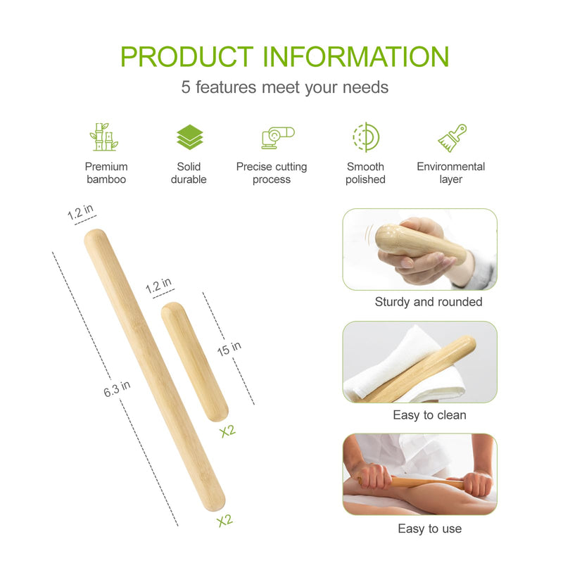 [Australia] - 4PCS Solid Bamboo Massage Sticks & Guasha Set with Roller/Stick - 100% Bamboo Therapy Tools for Neck/Arm/Back/Legs/Full Body, Deep Tissue Massage, Muscle Relaxation, Body Shaping, Fatigue Relief 