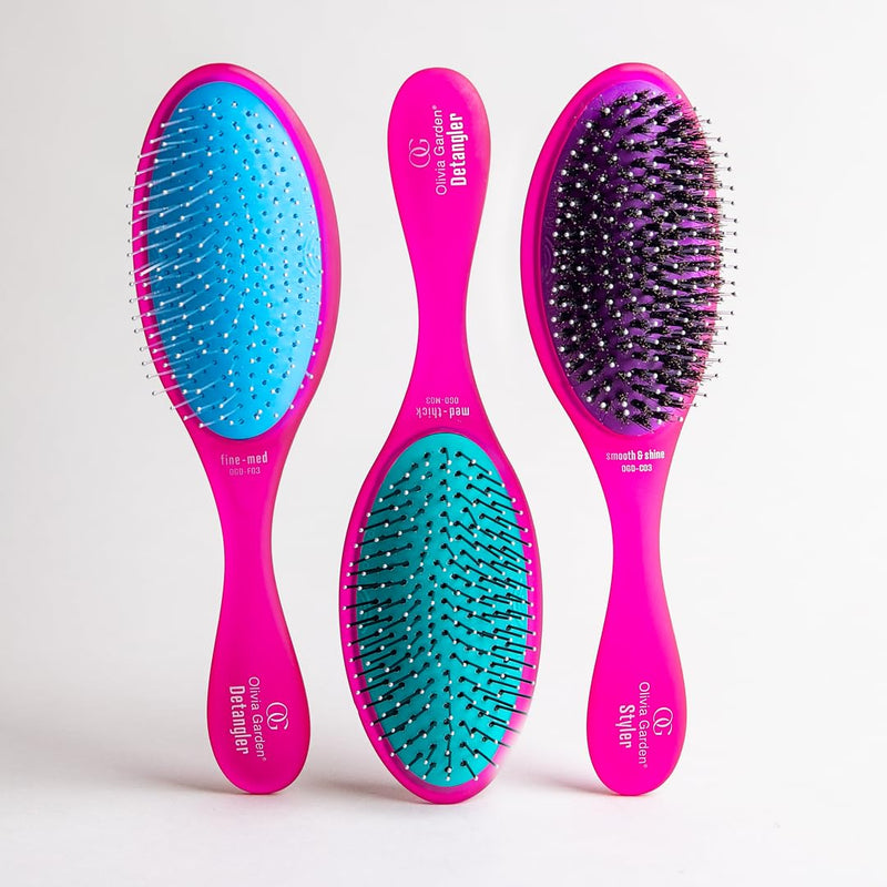 Olivia Garden OG Brush Collection, removable cushion, scalp hugging massages the scalp, 1 fine to medium and 1 medium to thick detangler, 1 smooth and shine styler, for wet or dry hair, Pink 3pc box 3-Piece Kit ($54.85 Value)