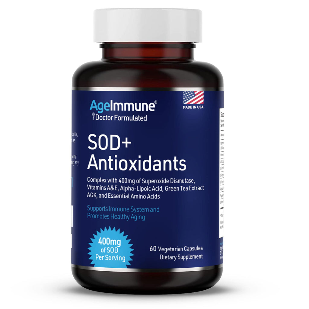 SOD Antioxidants Complex Healthy Aging Supplement - 400mg of Superoxide Dismutase - Alpha Lipoic Acid - L-Arginine -Lysine - AKG - Vitamin A - Vitamin E for Immune Support -60 Capsules 60 Count (Pack of 1)