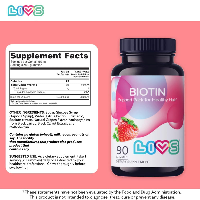 LIVS Biotin Gummies 10000mcg – Supports Healthy Hair, Skin & Nails | Vitamin B7 Supplement for Women & Men | Natural Grape Flavor | Vegan, Gluten Free & Non-GMO | 90 Count with 45 Servings Pack of 1