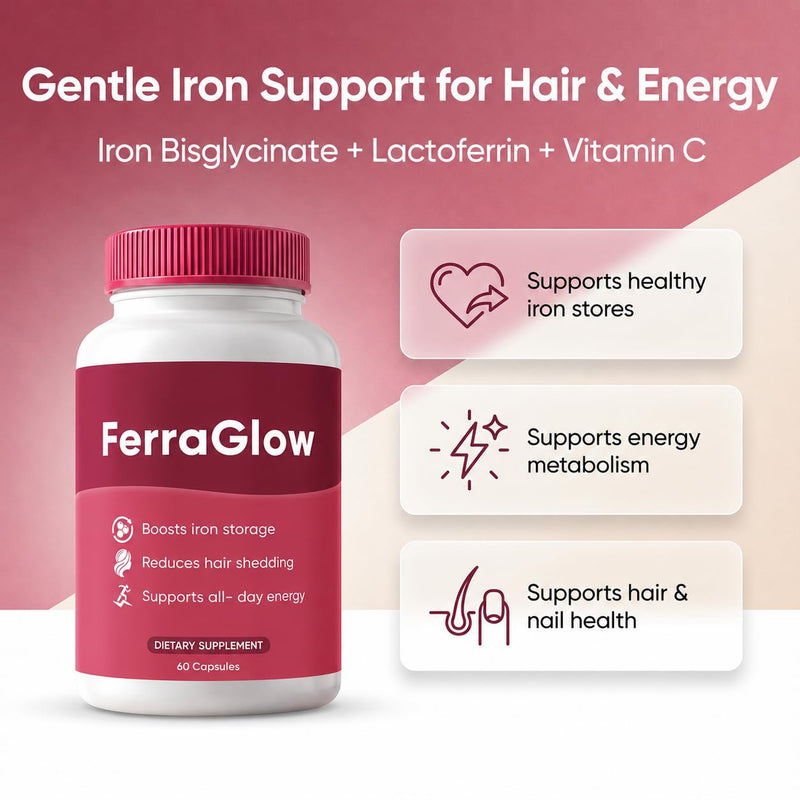 Ferraglow Ferritin Supplement for Women, Ferra Glow Daily Iron Support Capsules with Iron Bisglycinate Lactoferrin Vitamin C B12 and Gentle Absorption (1)