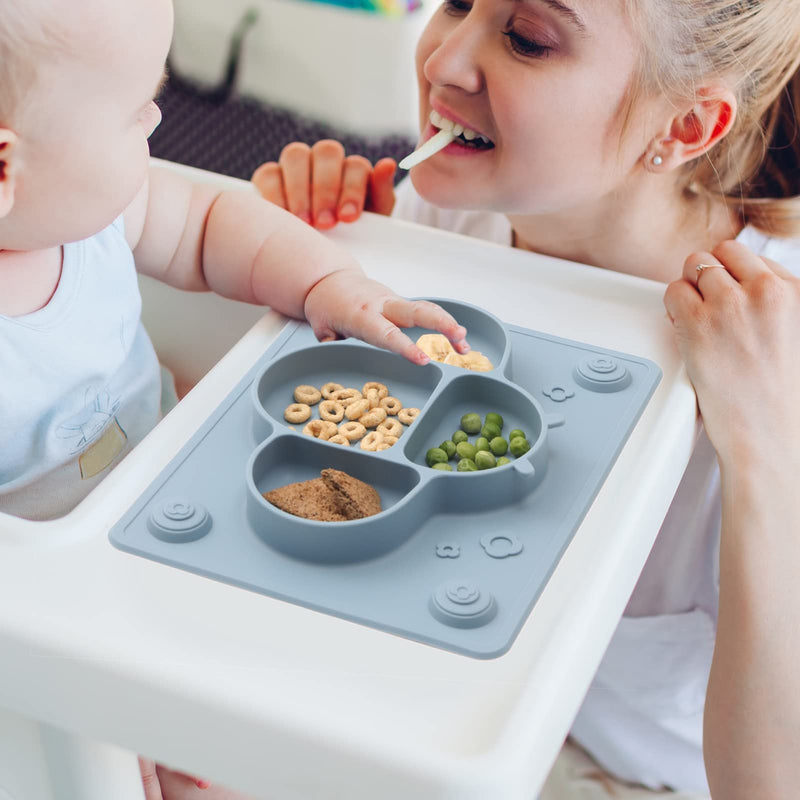 [Australia] - ROCCED Suction Plates for Baby placemat Spoon Fork Set for Toddlers, Silicone Baby Plates with Suction Baby Dishes for Kids Plates-Dusty blue Dark Blue 