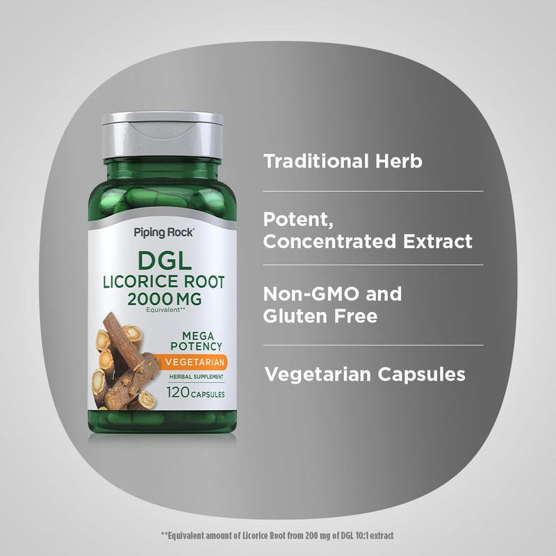 [Australia] - Piping Rock DGL Supplement | 2000mg | 120 Capsules | Licorice Root | Mega Potency | Herbal Extract | Vegetarian, Non GMO, Gluten Free 