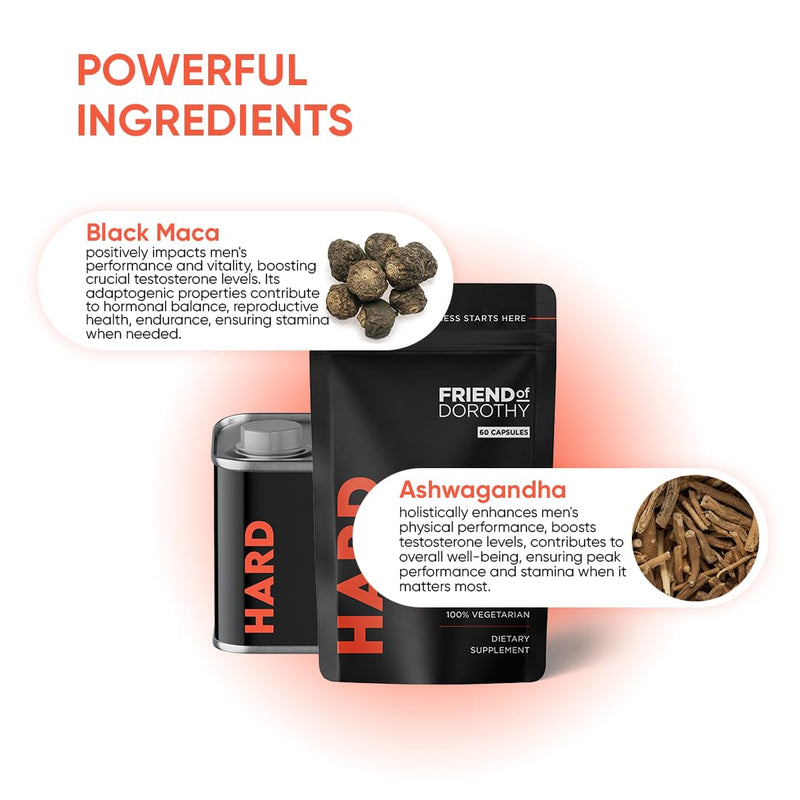 Hard Supplement for Men - Black Maca & Ashwagandha Root - Natural Performance Support - Enhances Energy, Vitality, Hormonal Balance - 60 Capsules