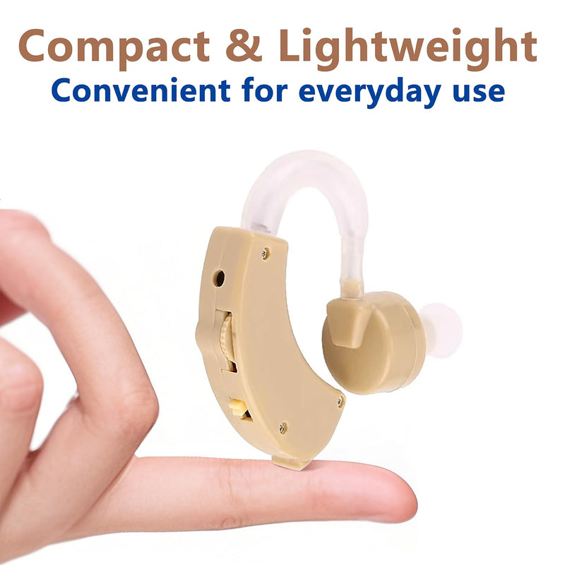 Hearing Amplifier for Seniors & Adults (Pair), Behind-the-Ear Personal Hearing Support Device with 6 Volume Levels, Noise Reduction for Clear Conversations, 6 Domes, Battery Powered, Case Beige 2-Pack Behind-the-Ear Battery