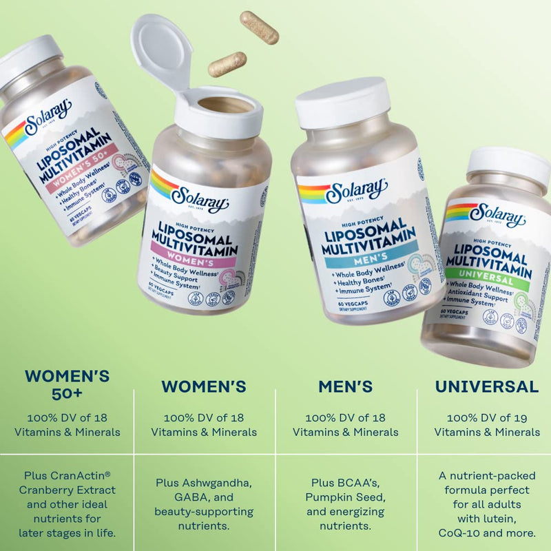 SOLARAY Liposomal Multivitamin Men & Women, 60 VegCaps | Daily Multivitamin, Enhanced Liposomal Absorption, Vitamins, Minerals, CoQ10 & Lutein, 30 Servings, Vegan & Lab Verified 60 Count (Pack of 1) Universal