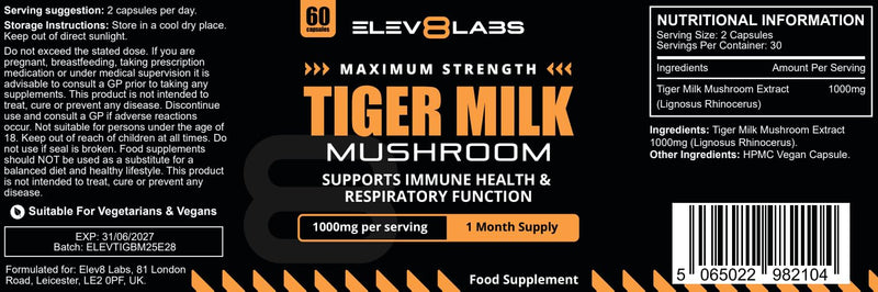 Tiger Milk Mushroom Capsules 1000mg - High Strength | 60 Capsules | Natural Adaptogen for Immunity & Respiratory Health | Supports Daily Wellness & Vitality | 1 Month Supply, 2 a Day 60 count (Pack of 1)