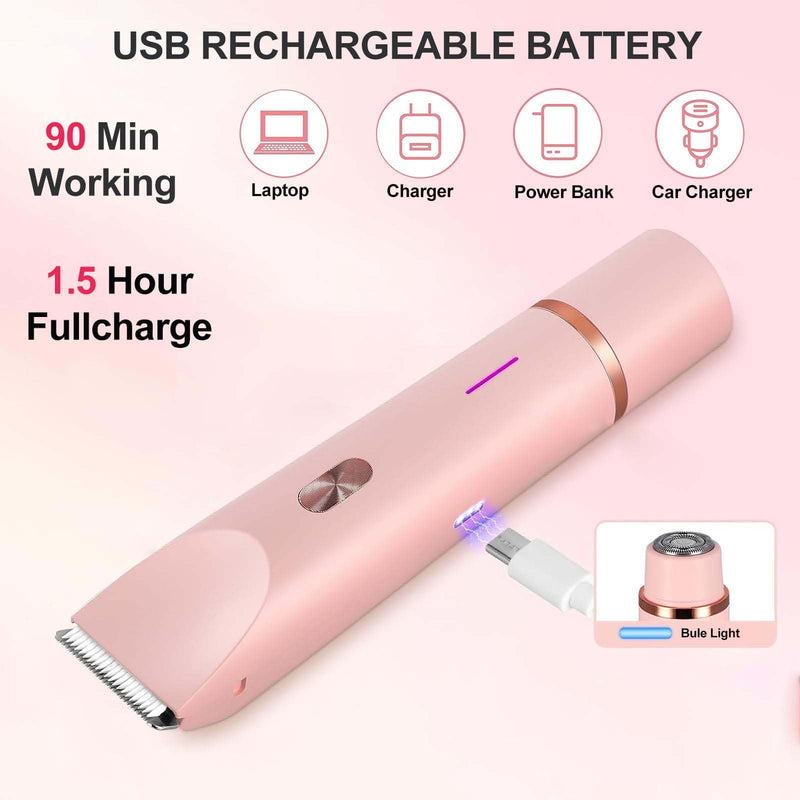 Bikini Trimmer for Women, 2 in 1 Electric Razors for Women - Double Head, Rechargeable, IPX7 Waterproof, Pain-Free Hair Removal for Facial, Body & Sensitive Areas with Ceramic Blades, Cordless Pink