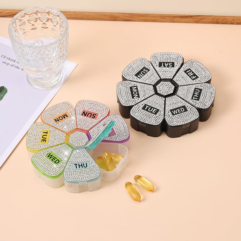 Diamond Weekly Pill Organizer, Pill Box 7 Day, Plusmile Daily Vitamin Case Large Capacity Compartments, Pill Containers for Fish Oil Medicine Supplements (Black) Black