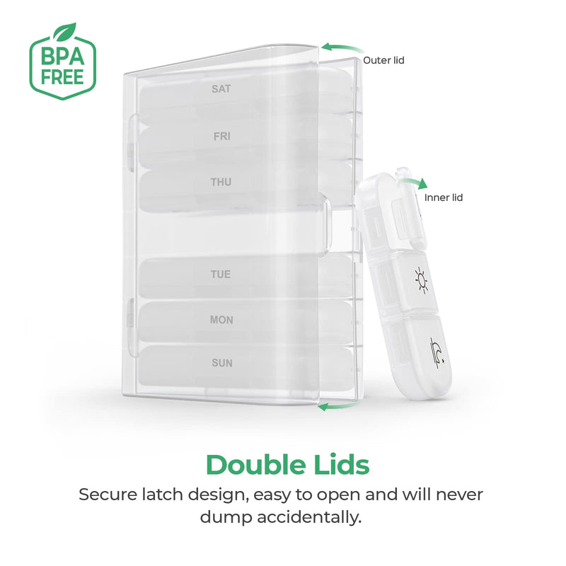 PULIV Weekly Pill Organizer 3 Times a Day, Portable Travel Pill Box 7 Day with Large Pill Containers, Light-Proof Pill Case for Vitamins, Medication, Supplements and Fish Oils (White) White