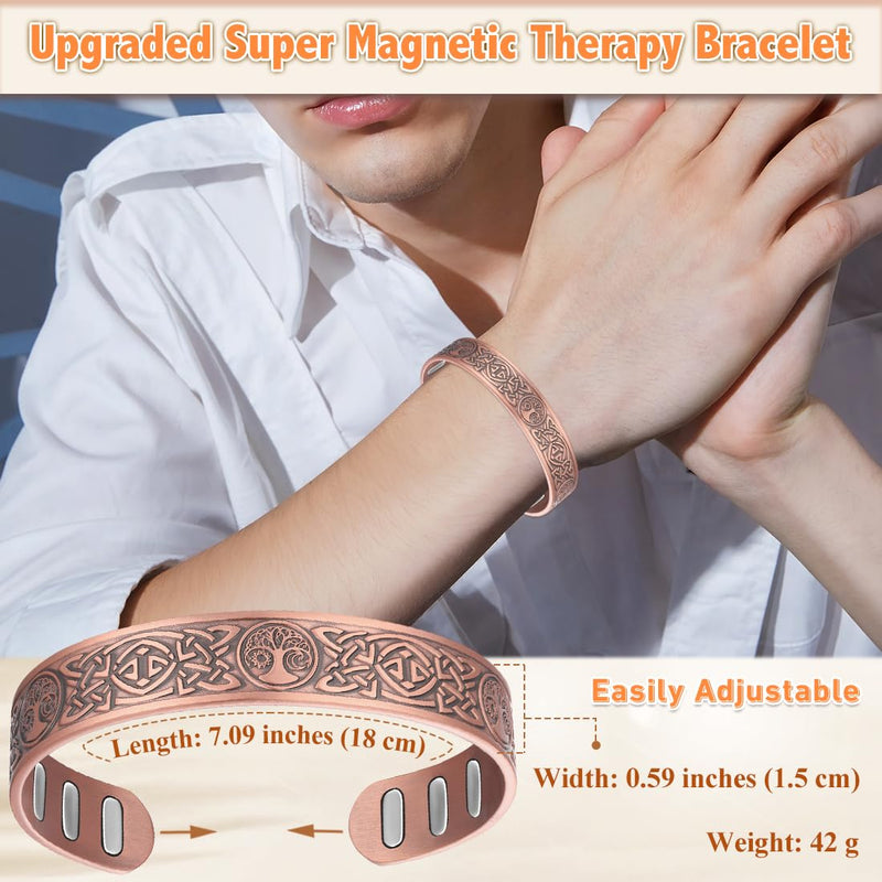 [Australia] - Copper Magnetic Bracelet for Men, with Powerful 9X 5000 Gauss Magnets, Adjustable Solid Pure Copper Celtic Sun Moon Life Tree 