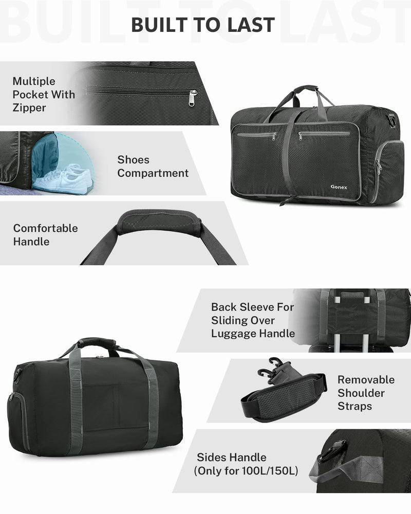 Gonex 80L Foldable Travel Duffle Bag with Shoe Compartment, Lightweight | 210D Nylon, Water-Repellent, Folds Compact, Multiple Pockets, Luggage Sleeve, Weekend Trips & Camping, Grey Gray