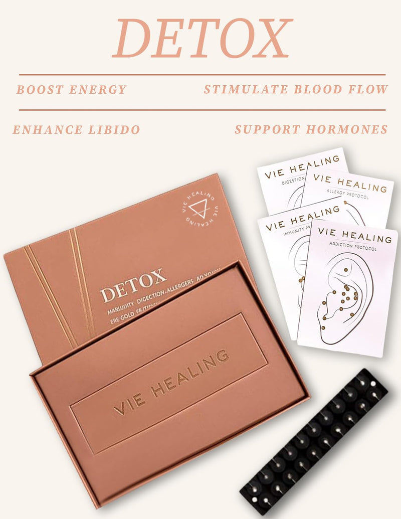 [Australia] - 24k Gold Ear Seeds with Ear Chart - Ear Seed Acupressure Kit for Reflexology and Energy Flow - Acupressure Ear Seeds for Immune System Booster, Allergies, & Digestive Health - (Detox) Detox 