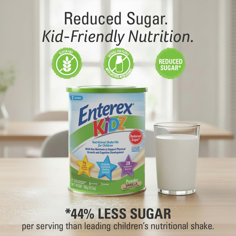Enterex Kidz Nutritional Shake Mix for Kids – Vanilla | 8g Protein, Reduced Sugar, 28 Vitamins & Minerals | Gluten Free, with Fiber | 400g (7 Servings)