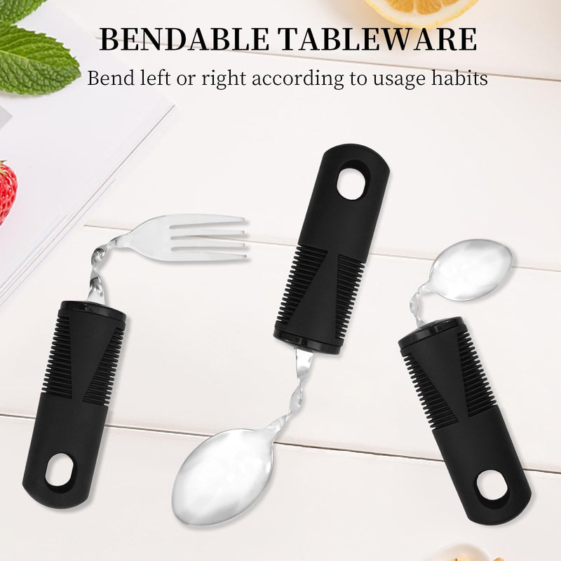 3-Piece Set Cutlery for Arthritic Hands Fork, Spoon, Teaspoon Disabled Cutlery for Adults Stainless Steel Rubber-Plastic Handle Eating & Drinking Aid Utensils Bendable