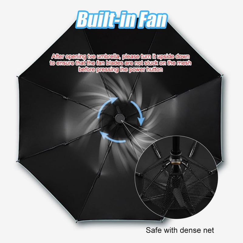 WOOLALA UV Sun & Rain Umbrella with Built-in Cooling Fan, Portable Foldable Design, UPF 50+ Protection, USB Rechargeable for Sports Games, Theme Parks on Hot Days Blue Outside