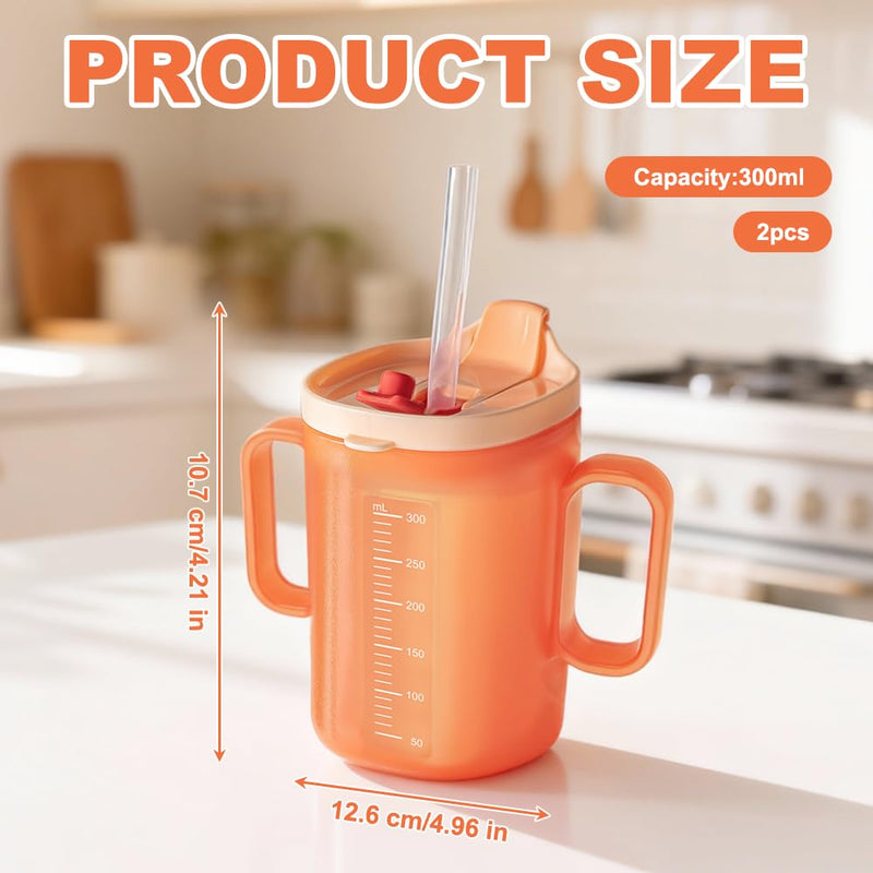 2 Pcs Elderly Spill Proof Cups, 300ml Sippy Cup for Adults, Beakers for Elderly with 2 Handles, Adult Feeding Cup Drinking Cup with Lid and Straw, Adult Sippy Cups for The Elderly Non Spill Orange
