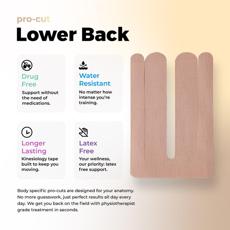 Spidertech Professional Pre-Cut Cotton Kinesiology Tape for Lower Back Pain and Support - for Athletes, Sports Physiotherapists, and Chiropractors, Pain Relief - Gentle (4 Pack)