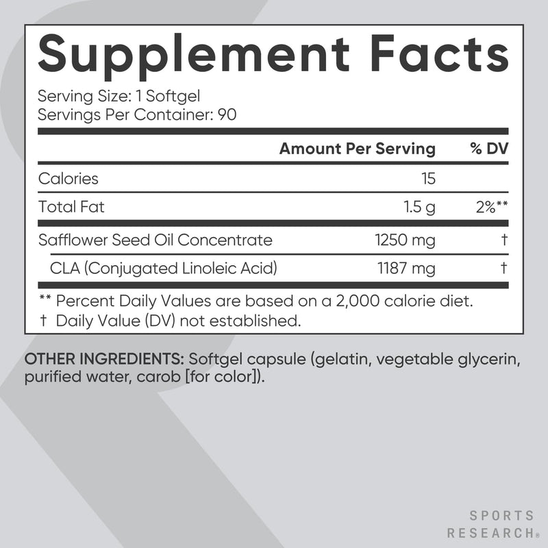 [Australia] - Sports Research CLA - 1250mg with Active Conjugated Linoleic Acid for Men and Women | Non-GMO, Soy & Gluten Free - 95% (90 Softgels) 90 Count (Pack of 1) 