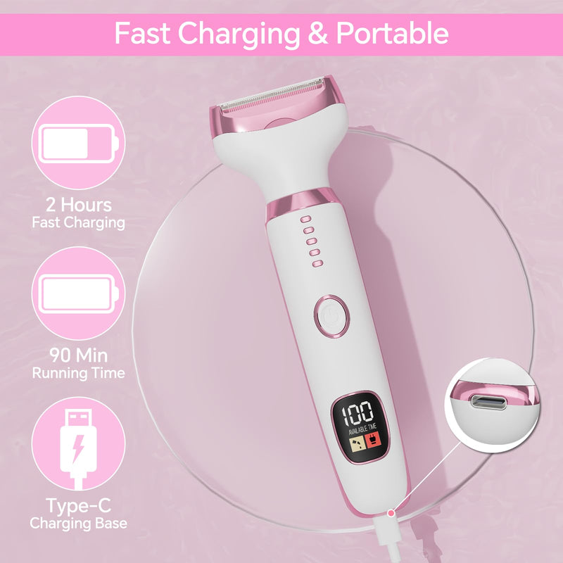 Electric Razor for Women, 4-in-1 Bikini Trimmer & Body Shaver for Nose Hair Face Eyebrow Arms Legs Armpit Underarm Pubic Area, Rechargeable Wet/Dry Painless Hair Removal