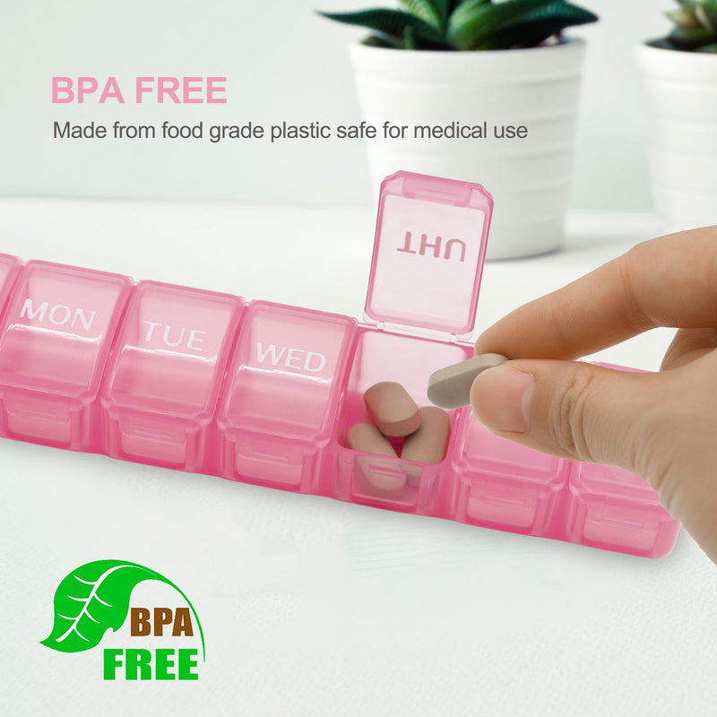 2 PCS Large Weekly Pill Organizer, 7 Day Daily Pill Box Case Easy to Open, Silkscreen Printed Medicine Container with Clear Lid for Vitamins, Fish Oils or Supplements (Pink) Pink