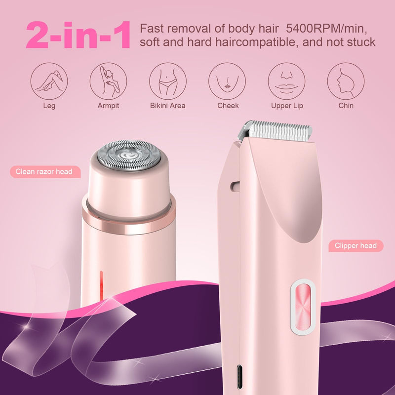 [Australia] - Glow Aura Womens Shaver 2 in 1, Bikini Trimmer for Women, Painless Hair Removal for Face,Body Waterproof Wet & Dry Use Body Hair Trimmer (Pink) Pink 