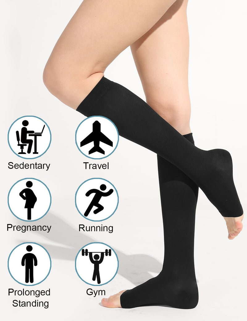 [Australia] - 2 pairs of medical compression stockings for women and men, 20-30 mmHg, class 2, open toe, graduated support, support stockings for varicose veins, edema, flight XXL, black and beige 