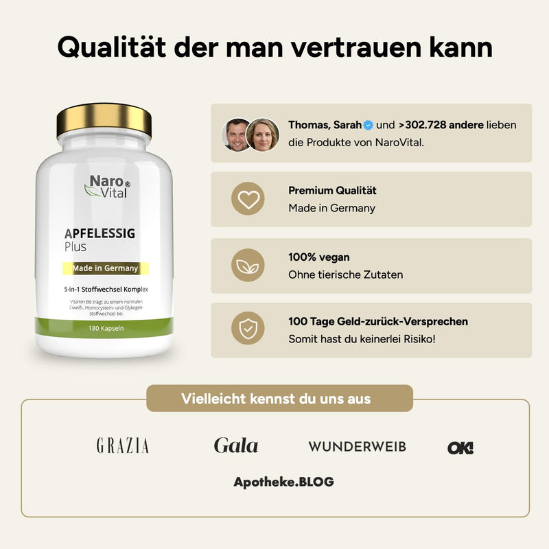 [Australia] - High-dose apple cider vinegar complex capsules - 1500 mg apple cider vinegar per daily serving - 180 vegan capsules - Apple cider vinegar metabolism¹ 