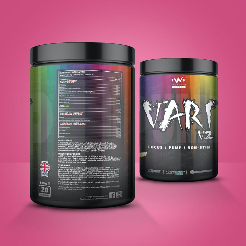 TWP Nutrition Platinum Series VARI V2, Non Stim Focus and Pump Pre Workout, 580g and 20 Servings, 5 Great Flavours (Rainbow Laces) Rainbow Laces