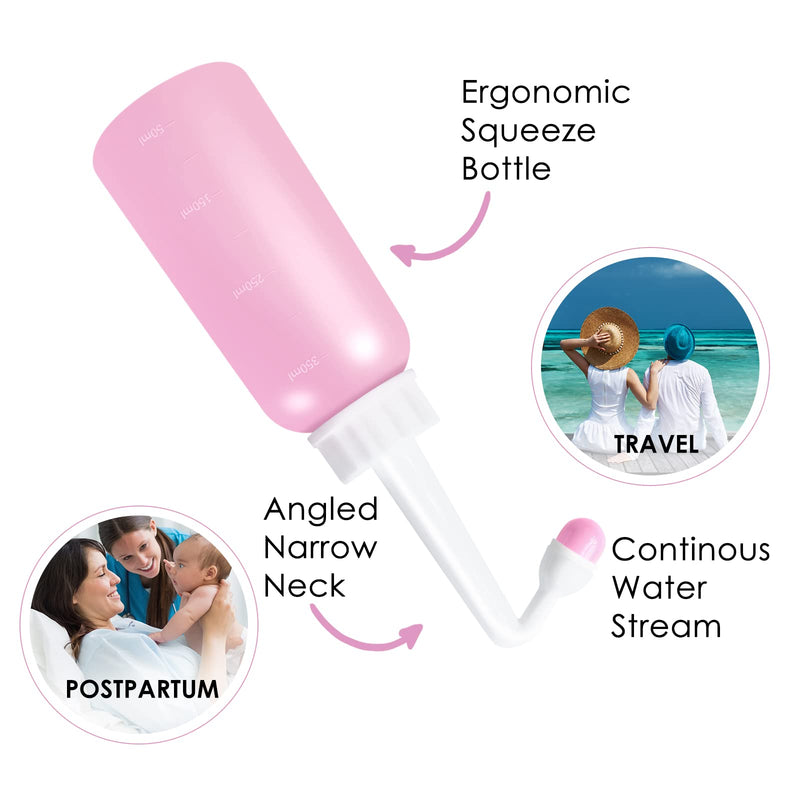 [Australia] - RUFCRIL Mini Peri Bottle, 350ml Portable Travel Bidet with Extra Ring and Carry Bag, TPE Material for High Temperature Resistance, Essentials for Postpartum Perineal Care,Hemorrhoid Treatment, Pink 