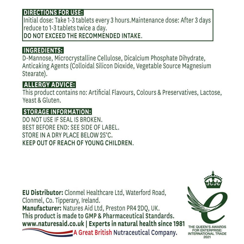 Natures Aid D-Mannose 1000mg - High Strength - Supports Urinary Tract Health - Vegan - Non-GMO - Gluten Free - Antioxidant Support - Food Supplement for Women & Men - 60 Tablets