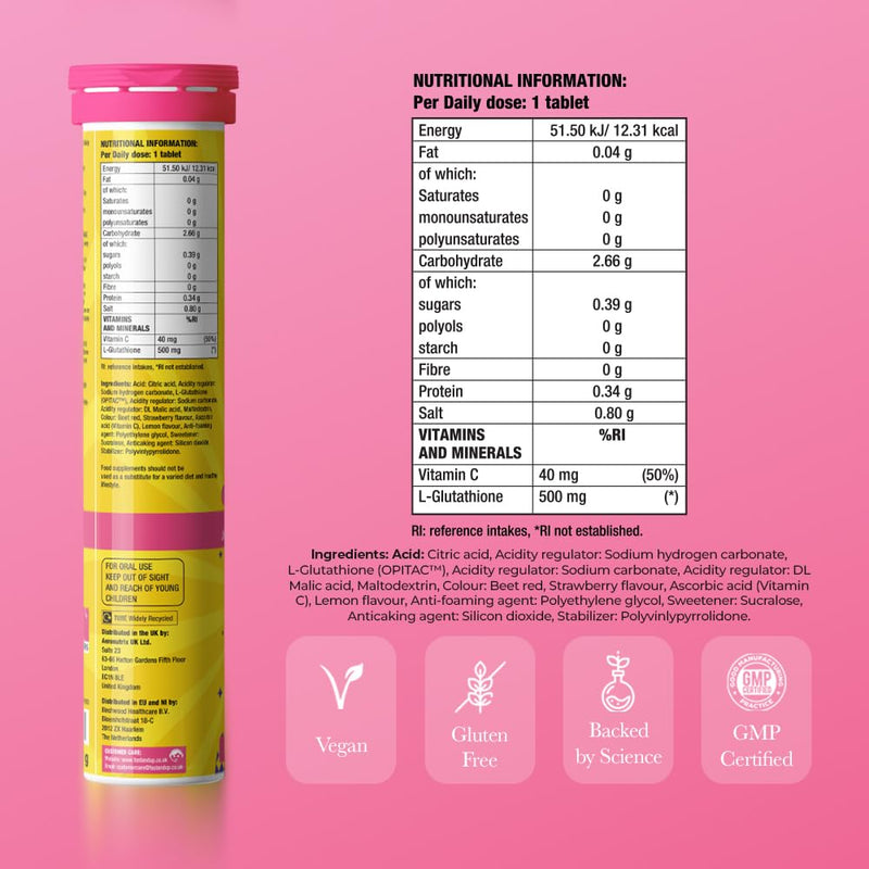 Chicnutrix Glow - Reduced Glutathione 500mg (OPITAC™) & Vitamin C for antioxidant support and detoxification, non-GMO & Vegan - 20 tablets (Strawberry – Lemon flavour)