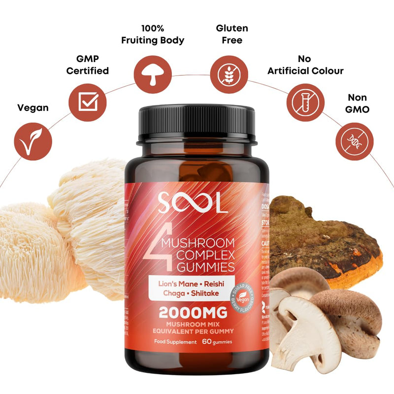 SOOL 4 Mushroom Complex Gummies 2000mg, 60pcs, Berry Flavour: Chaga, Reishi, Shiitake, Lions Mane Supplement | Nootropics Gummies High Strength | Memory & Focus, Energy, Immunity Booster Supplement 60 count (Pack of 1)