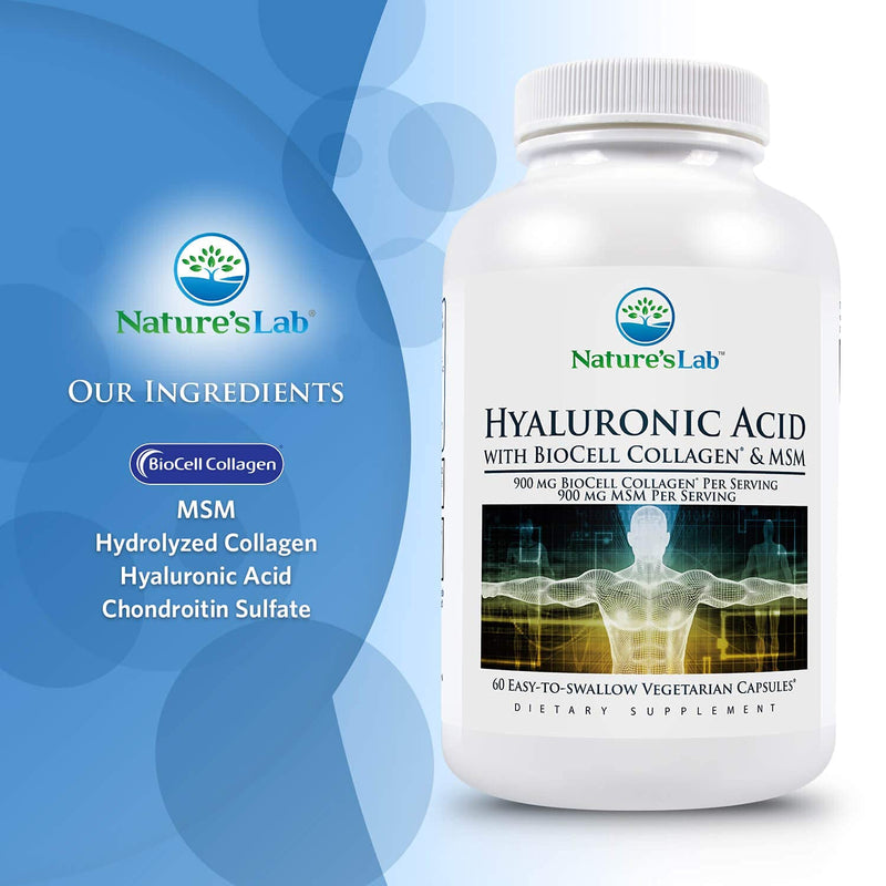[Australia] - Nature's Lab Hyaluronic Acid with Biocell Collagen and MSM - Skin Hydration, Joint Health - 60 Capsules (20 Day Supply) 