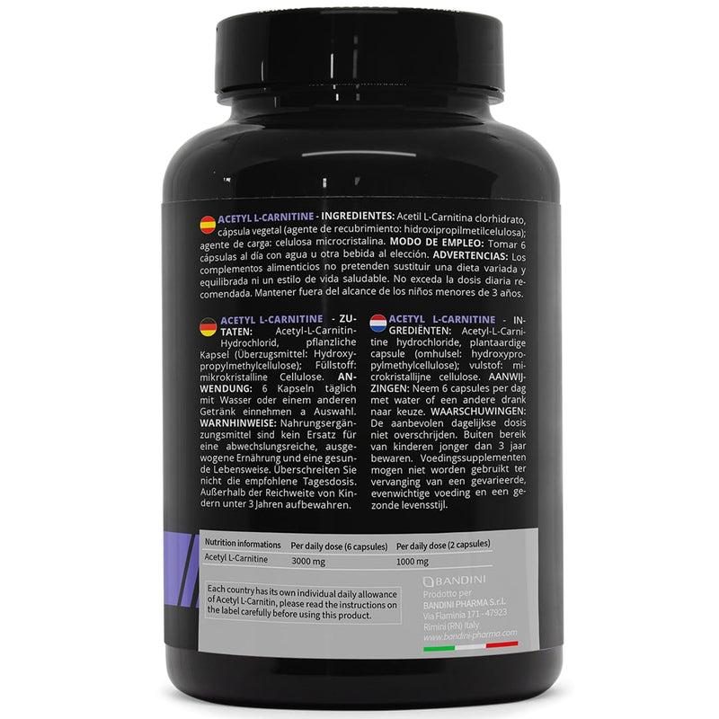 Bandini® Acetyl L-Carnitine 250 capsules | 3000mg per daily dose | Acetyl-L-Carnitine Amino Acid Sports Performance Supplement | High Strength ALCAR | Metabolism & Energy | 41-Days Supply | 100% Vegan