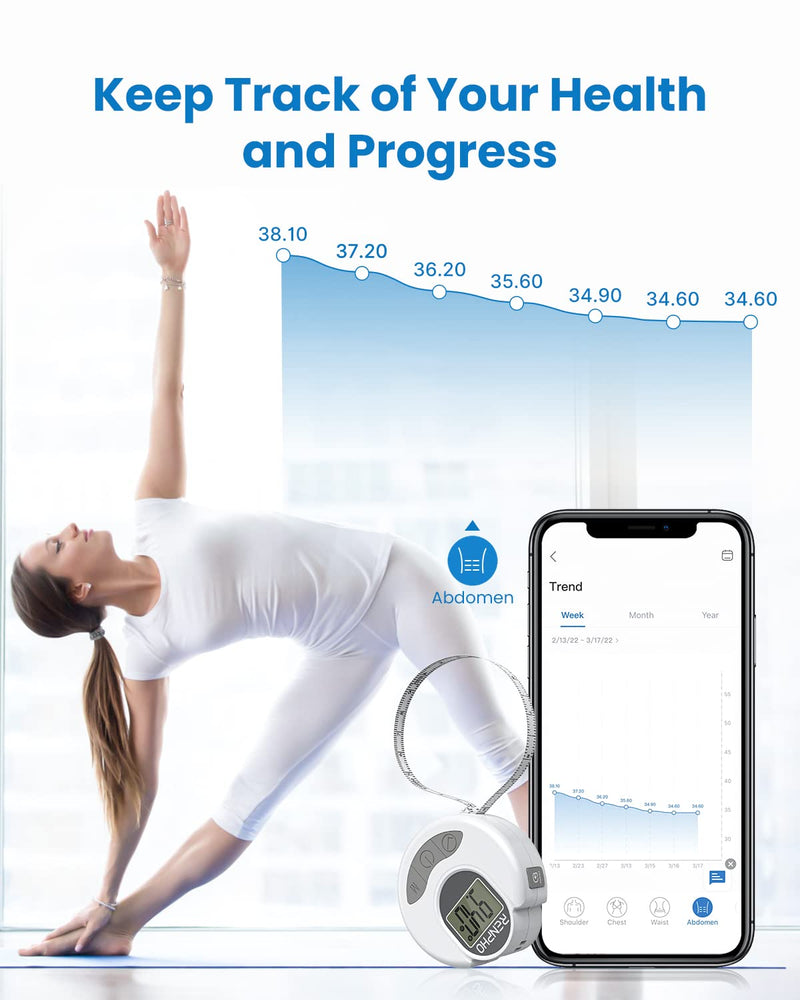 [Australia] - RENPHO Body Measuring Tape, Bluetooth Smart Tape Measure with Lock Hook & Retractable Function, Accurate Body Fat Measurement Device for Weight Loss, Muscle Gain, Fitness Bodybuilding, 60in /150cm 