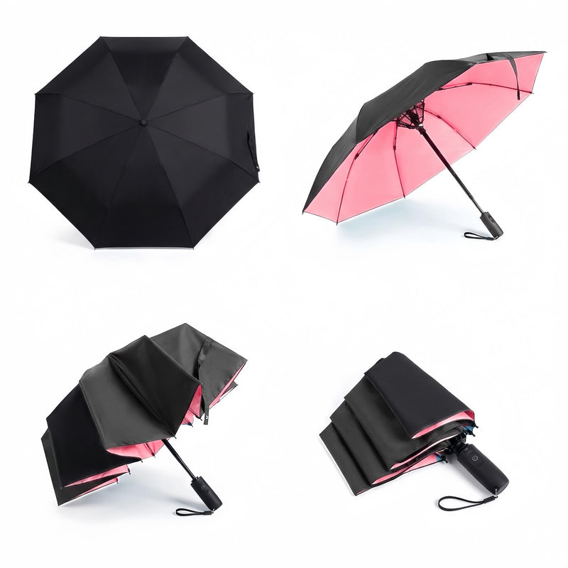 Sun Folding Umbrella with Built-in Fan, UPF 50+ Umbrella | USB Rechargeable, Portable UV Blocking Fan Umbrella for Rain, Hot Days, Beach and Sports pink