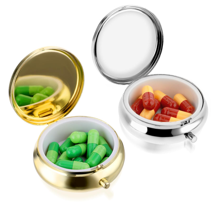 2Pcs Pill Box Small Pill Case for Purse or Pocket, Portable Cute Pill Container Metal Pill Box Decorative Medicine, Vitamin, Fish Oil and Supplements Holder Organizer (Silver&Gold) Silver&gold
