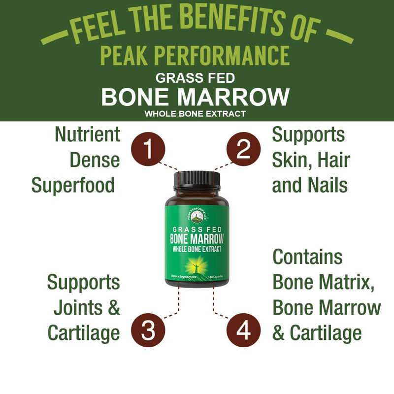 [Australia] - Peak Performance Grass Fed Bone Marrow - Whole Bone Extract Supplement 180 Capsules Superfood Pills Rich in Collagen, Vitamins, and Amino Acids. from Bone Matrix, Marrow, Cartilage. Ancestral Tablets 