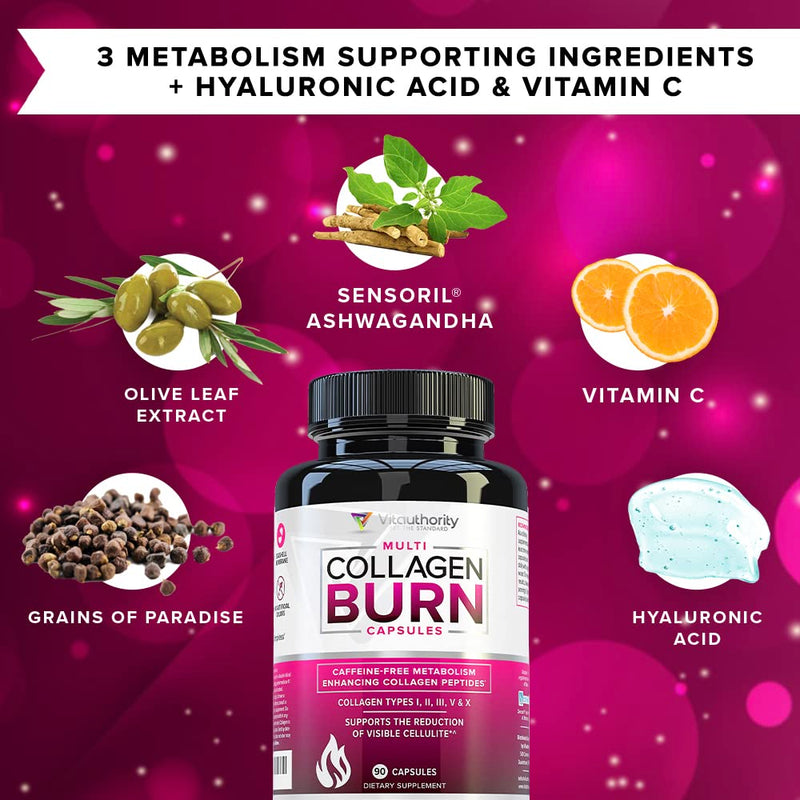 Vitauthority Multi Collagen Burn: Hydrolyzed Protein Peptides with Hyaluronic Acid and Multi Collagen Peptides Powder for Women - Hydrolyzed Flavored Collagen Unflavored 30 Servings