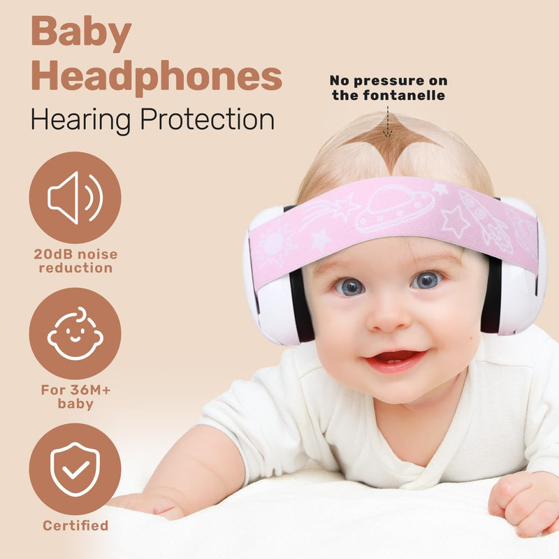 2 Pcs Baby Ear Muffs Noise Canceling Earmuff for Infant Hearing Protection Newborn Earmuff Airplane Travel up to 36 Months with Elastic Headband Purpose Travel and Sleep Pink and Cyan